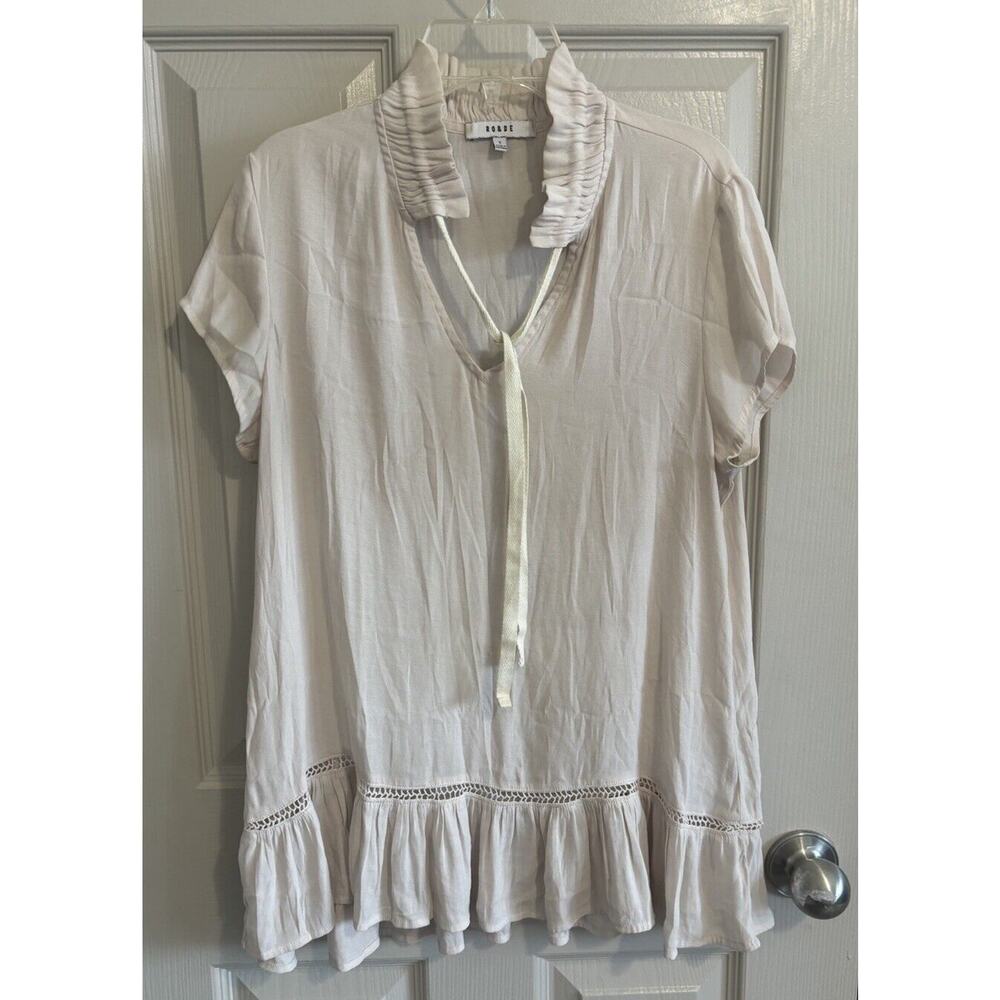 Anthropologie‎ RO & DE Blouse Small Beige Ruffle Collar Lace Hem Boho Style